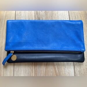 Clare V two-tone blue foldover clutch in soft napa leather